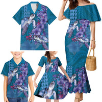 Hawaiian Turtle Love Couple Family Matching Mermaid Dress and Hawaiian Shirt - Sweet Hibiscus and Kakau Pattern Sapphire Color LT03 - Polynesian Pride