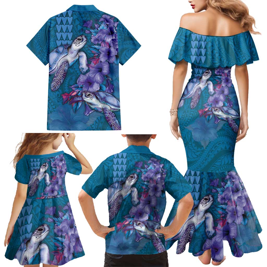 Hawaiian Turtle Love Couple Family Matching Mermaid Dress and Hawaiian Shirt - Sweet Hibiscus and Kakau Pattern Sapphire Color LT03 - Polynesian Pride