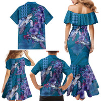 Hawaiian Turtle Love Couple Family Matching Mermaid Dress and Hawaiian Shirt - Sweet Hibiscus and Kakau Pattern Sapphire Color LT03 - Polynesian Pride