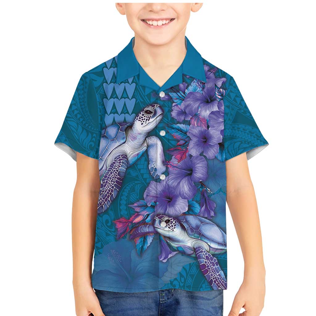 Hawaiian Turtle Love Couple Family Matching Mermaid Dress and Hawaiian Shirt - Sweet Hibiscus and Kakau Pattern Sapphire Color LT03 Son's Shirt Blue - Polynesian Pride