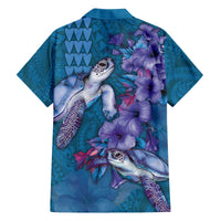 Hawaiian Turtle Love Couple Family Matching Off The Shoulder Long Sleeve Dress and Hawaiian Shirt - Sweet Hibiscus and Kakau Pattern Sapphire Color LT03 - Polynesian Pride