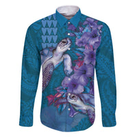 Hawaiian Turtle Love Couple Family Matching Off The Shoulder Long Sleeve Dress and Hawaiian Shirt - Sweet Hibiscus and Kakau Pattern Sapphire Color LT03 Dad's Shirt - Long Sleeve Blue - Polynesian Pride