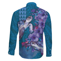 Hawaiian Turtle Love Couple Family Matching Off The Shoulder Long Sleeve Dress and Hawaiian Shirt - Sweet Hibiscus and Kakau Pattern Sapphire Color LT03 - Polynesian Pride