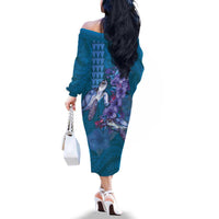 Hawaiian Turtle Love Couple Family Matching Off The Shoulder Long Sleeve Dress and Hawaiian Shirt - Sweet Hibiscus and Kakau Pattern Sapphire Color LT03 - Polynesian Pride