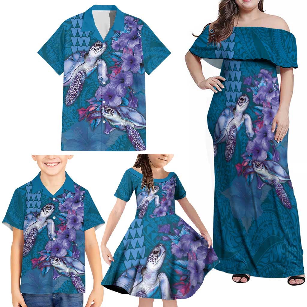 Hawaiian Turtle Love Couple Family Matching Off Shoulder Maxi Dress and Hawaiian Shirt - Sweet Hibiscus and Kakau Pattern Sapphire Color LT03 - Polynesian Pride