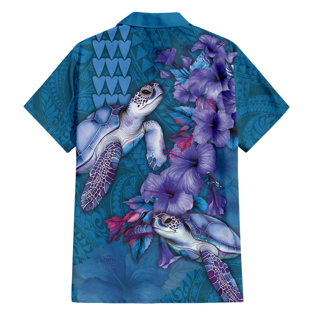 Hawaiian Turtle Love Couple Family Matching Off Shoulder Maxi Dress and Hawaiian Shirt - Sweet Hibiscus and Kakau Pattern Sapphire Color LT03 - Polynesian Pride