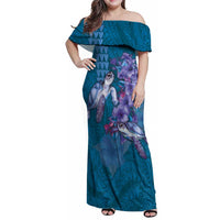 Hawaiian Turtle Love Couple Family Matching Off Shoulder Maxi Dress and Hawaiian Shirt - Sweet Hibiscus and Kakau Pattern Sapphire Color LT03 Mom's Dress Blue - Polynesian Pride