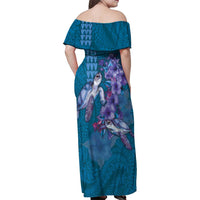 Hawaiian Turtle Love Couple Family Matching Off Shoulder Maxi Dress and Hawaiian Shirt - Sweet Hibiscus and Kakau Pattern Sapphire Color LT03 - Polynesian Pride