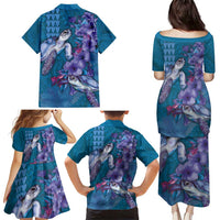 Hawaiian Turtle Love Couple Family Matching Puletasi and Hawaiian Shirt - Sweet Hibiscus and Kakau Pattern Sapphire Color LT03 - Polynesian Pride