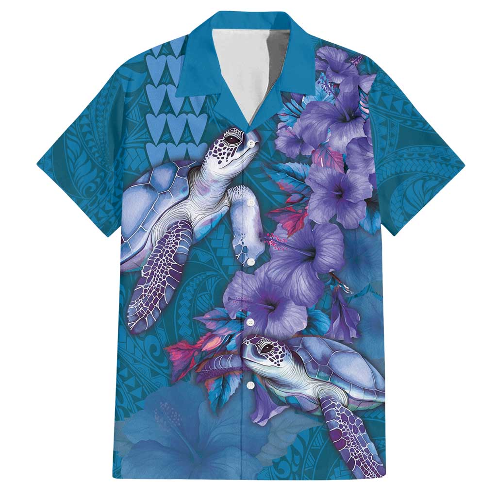 Hawaiian Turtle Love Couple Family Matching Puletasi and Hawaiian Shirt - Sweet Hibiscus and Kakau Pattern Sapphire Color LT03 Dad's Shirt - Short Sleeve Blue - Polynesian Pride