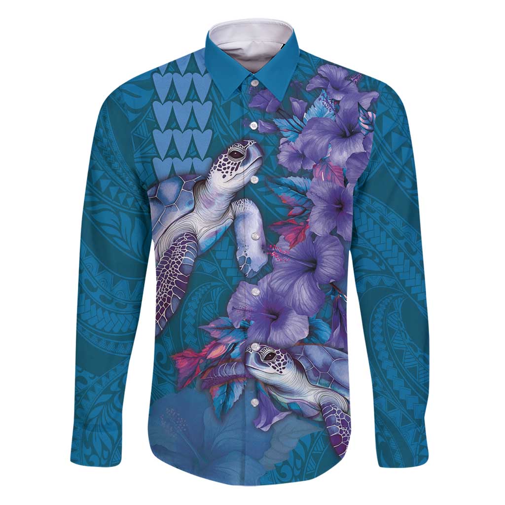 Hawaiian Turtle Love Couple Family Matching Puletasi and Hawaiian Shirt - Sweet Hibiscus and Kakau Pattern Sapphire Color LT03 Dad's Shirt - Long Sleeve Blue - Polynesian Pride