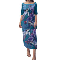 Hawaiian Turtle Love Couple Family Matching Puletasi and Hawaiian Shirt - Sweet Hibiscus and Kakau Pattern Sapphire Color LT03 Mom's Dress Blue - Polynesian Pride