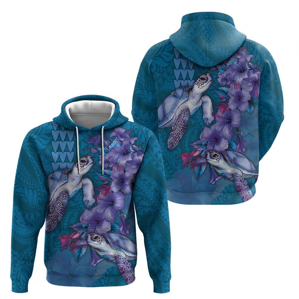 Hawaiian Turtle Love Couple Hoodie - Sweet Hibiscus and Kakau Pattern Sapphire Color LT03 - Polynesian Pride