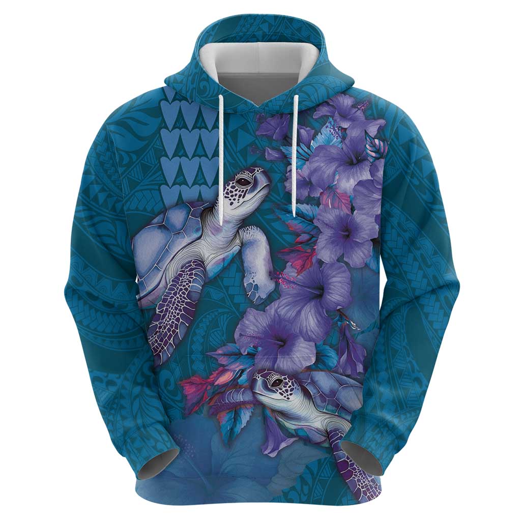 Hawaiian Turtle Love Couple Hoodie - Sweet Hibiscus and Kakau Pattern Sapphire Color LT03 - Polynesian Pride