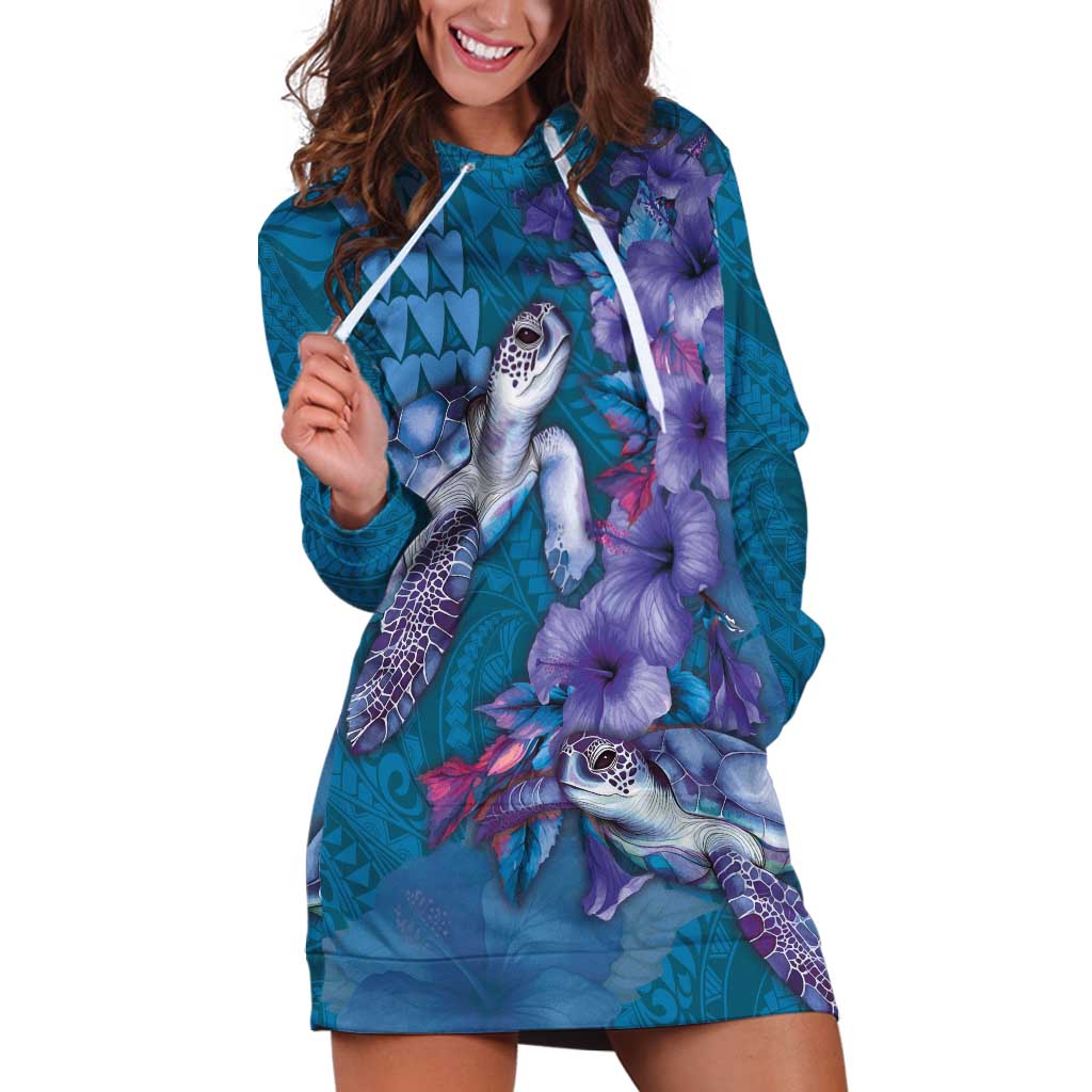 Hawaiian Turtle Love Couple Hoodie Dress - Sweet Hibiscus and Kakau Pattern Sapphire Color LT03 Blue - Polynesian Pride