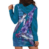 Hawaiian Turtle Love Couple Hoodie Dress - Sweet Hibiscus and Kakau Pattern Sapphire Color LT03 - Polynesian Pride