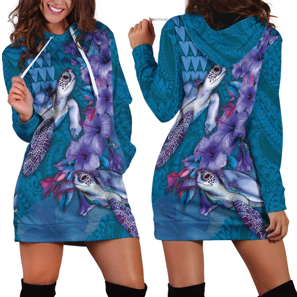 Hawaiian Turtle Love Couple Hoodie Dress - Sweet Hibiscus and Kakau Pattern Sapphire Color LT03 - Polynesian Pride