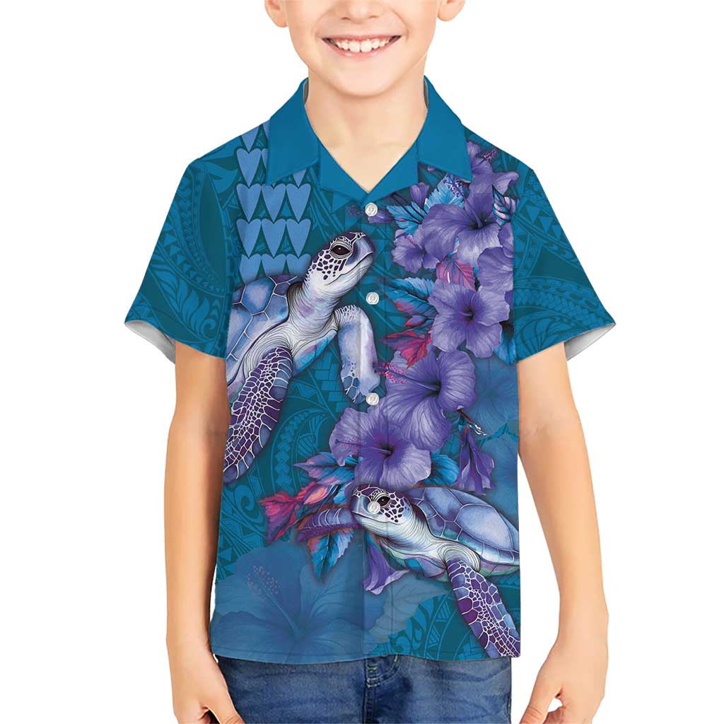 Hawaiian Turtle Love Couple Kid Hawaiian Shirt - Sweet Hibiscus and Kakau Pattern Sapphire Color LT03 Kid Blue - Polynesian Pride