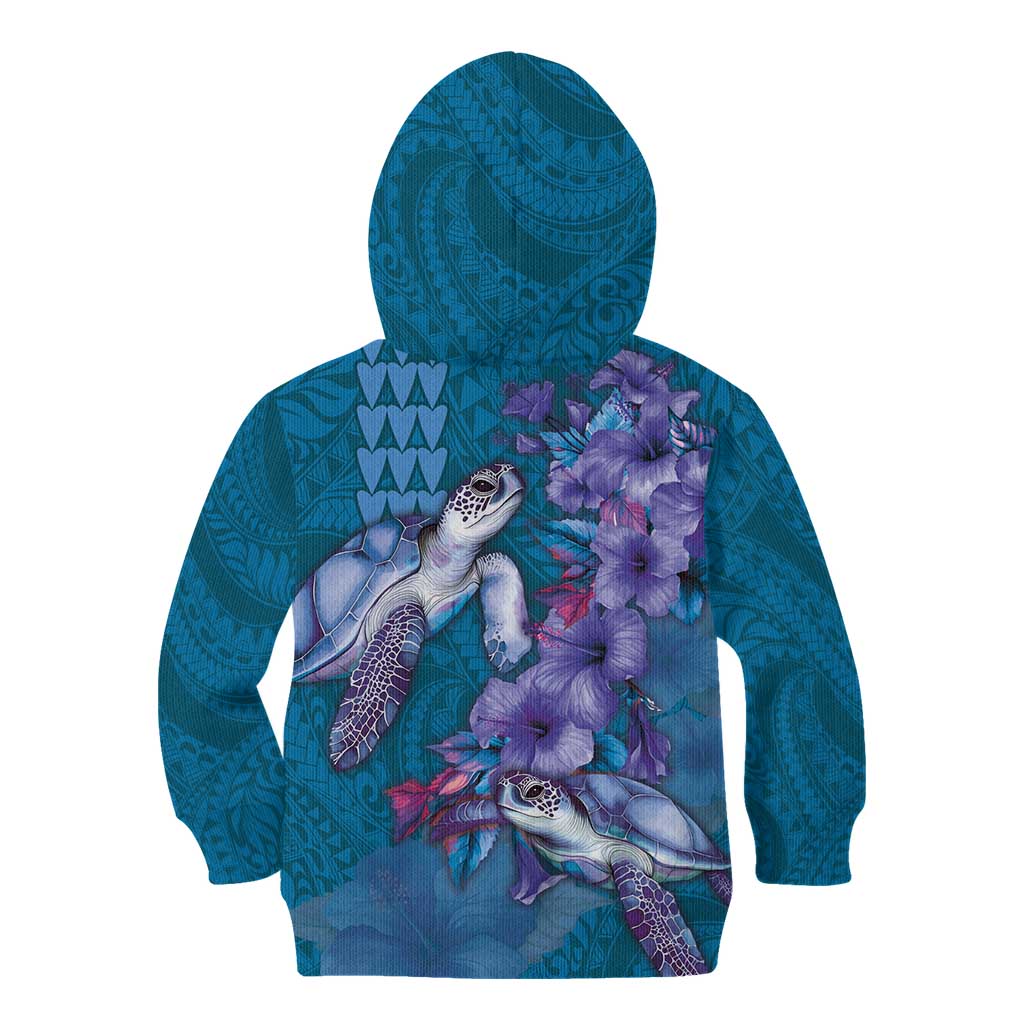 Hawaiian Turtle Love Couple Kid Hoodie - Sweet Hibiscus and Kakau Pattern Sapphire Color LT03 - Polynesian Pride