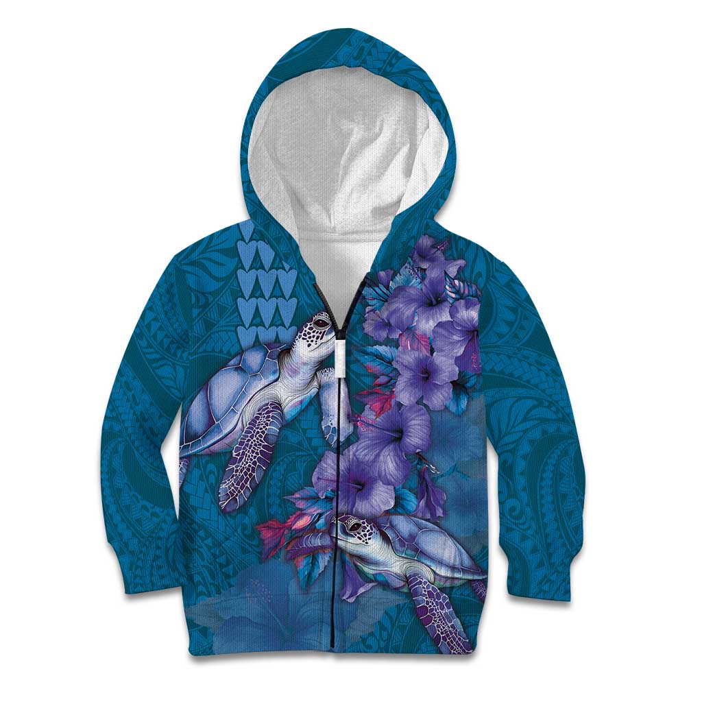 Hawaiian Turtle Love Couple Kid Hoodie - Sweet Hibiscus and Kakau Pattern Sapphire Color LT03 Zip Hoodie Blue - Polynesian Pride