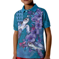Hawaiian Turtle Love Couple Kid Polo Shirt - Sweet Hibiscus and Kakau Pattern Sapphire Color LT03 Kid Blue - Polynesian Pride