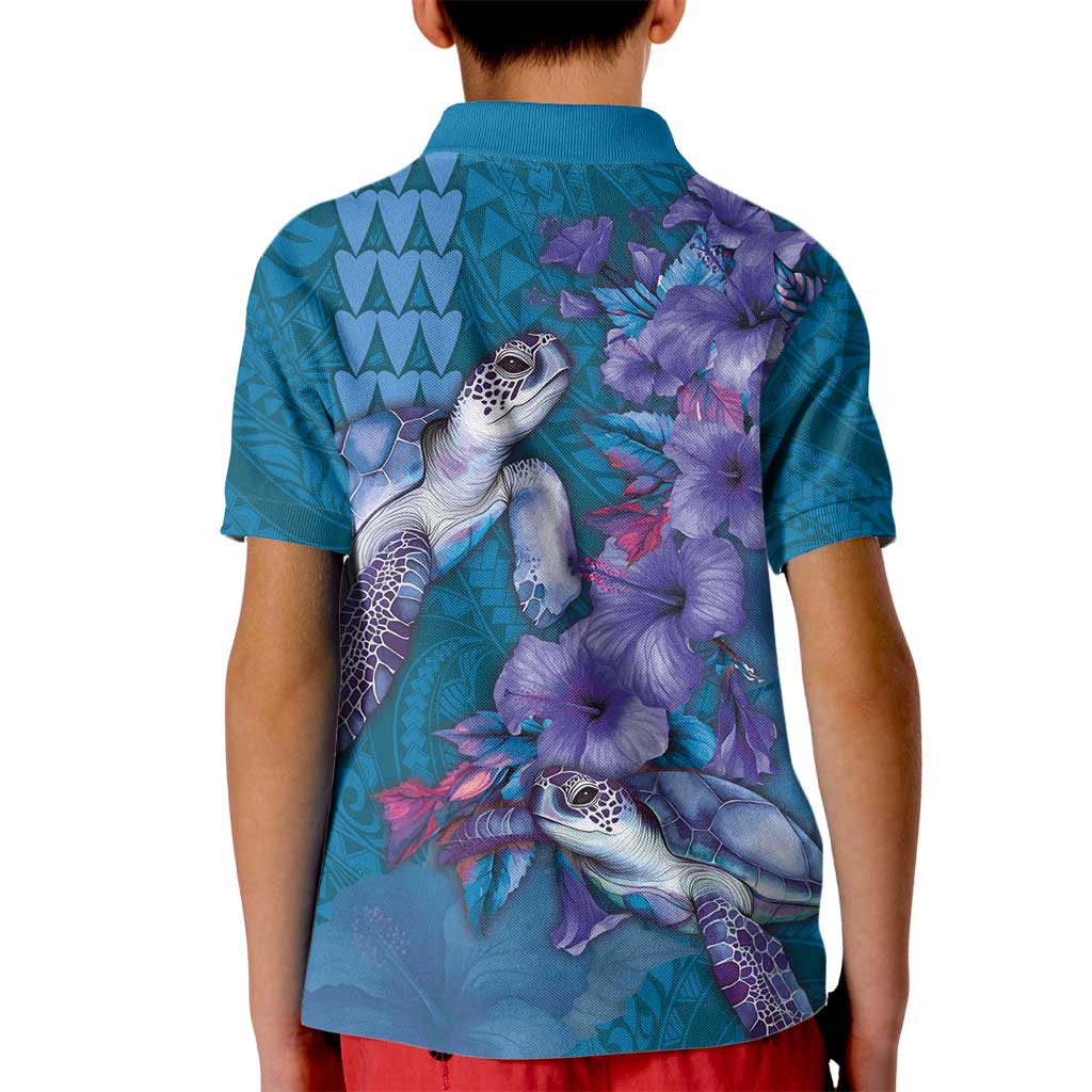 Hawaiian Turtle Love Couple Kid Polo Shirt - Sweet Hibiscus and Kakau Pattern Sapphire Color LT03 - Polynesian Pride