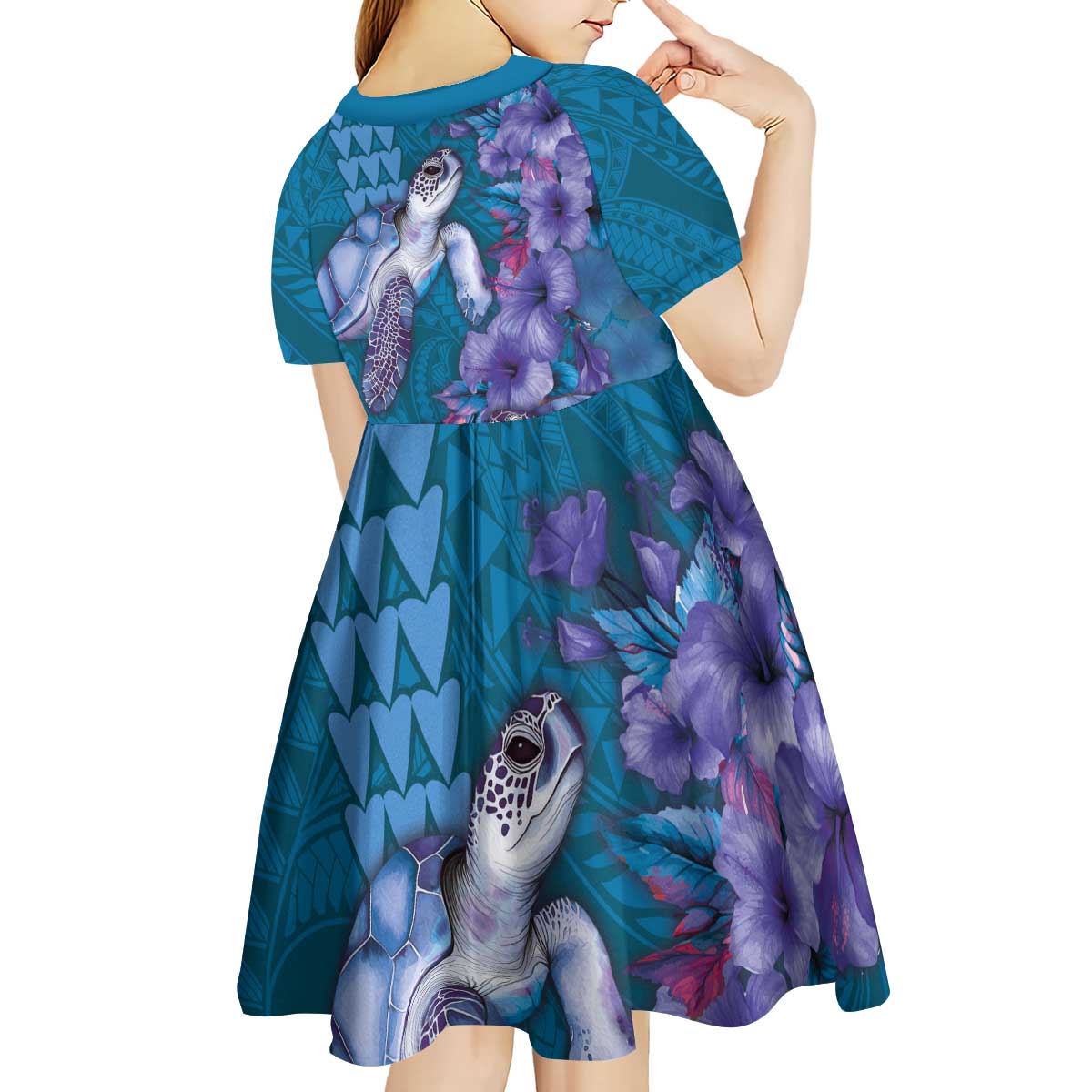 Hawaiian Turtle Love Couple Kid Short Sleeve Dress - Sweet Hibiscus and Kakau Pattern Sapphire Color LT03 - Polynesian Pride