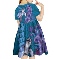 Hawaiian Turtle Love Couple Kid Short Sleeve Dress - Sweet Hibiscus and Kakau Pattern Sapphire Color LT03 - Polynesian Pride
