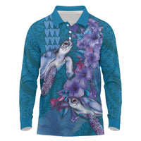 Hawaiian Turtle Love Couple Long Sleeve Polo Shirt - Sweet Hibiscus and Kakau Pattern Sapphire Color LT03 Blue - Polynesian Pride