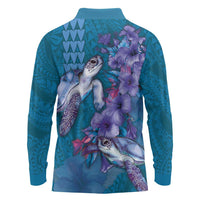 Hawaiian Turtle Love Couple Long Sleeve Polo Shirt - Sweet Hibiscus and Kakau Pattern Sapphire Color LT03 - Polynesian Pride