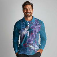 Hawaiian Turtle Love Couple Long Sleeve Polo Shirt - Sweet Hibiscus and Kakau Pattern Sapphire Color LT03 - Polynesian Pride