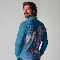 Hawaiian Turtle Love Couple Long Sleeve Polo Shirt - Sweet Hibiscus and Kakau Pattern Sapphire Color LT03 - Polynesian Pride