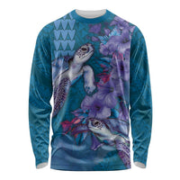Hawaiian Turtle Love Couple Long Sleeve Shirt - Sweet Hibiscus and Kakau Pattern Sapphire Color LT03 Unisex Blue - Polynesian Pride