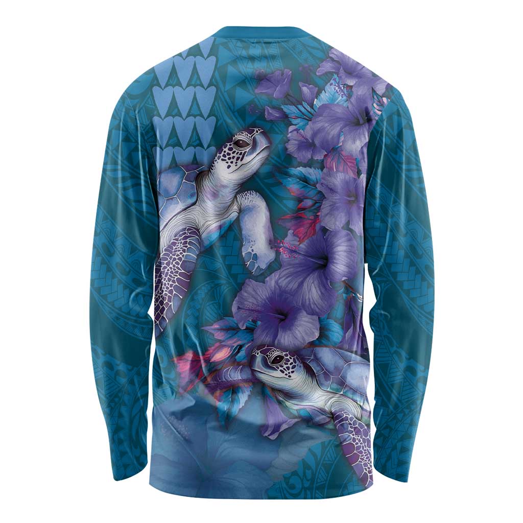 Hawaiian Turtle Love Couple Long Sleeve Shirt - Sweet Hibiscus and Kakau Pattern Sapphire Color LT03 - Polynesian Pride
