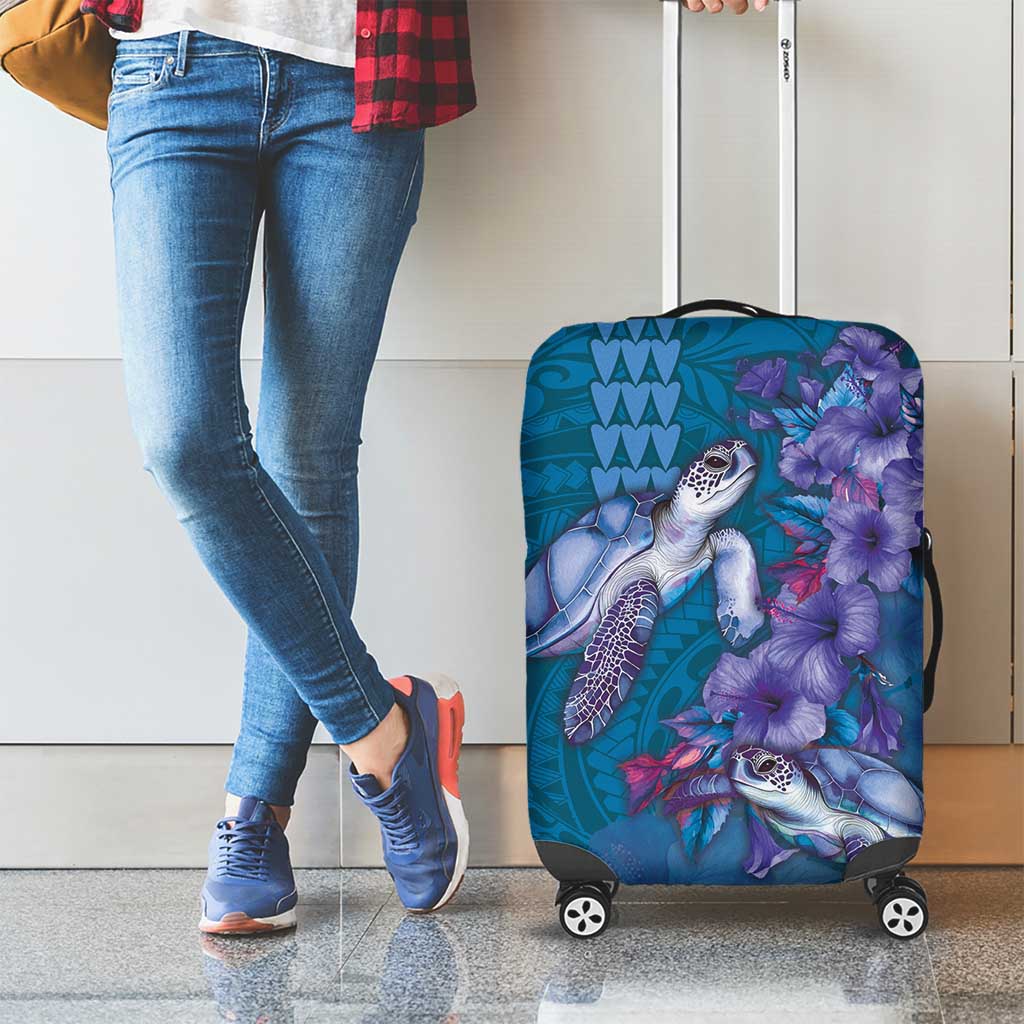 Hawaiian Turtle Love Couple Luggage Cover - Sweet Hibiscus and Kakau Pattern Sapphire Color LT03 - Polynesian Pride