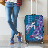 Hawaiian Turtle Love Couple Luggage Cover - Sweet Hibiscus and Kakau Pattern Sapphire Color LT03 - Polynesian Pride