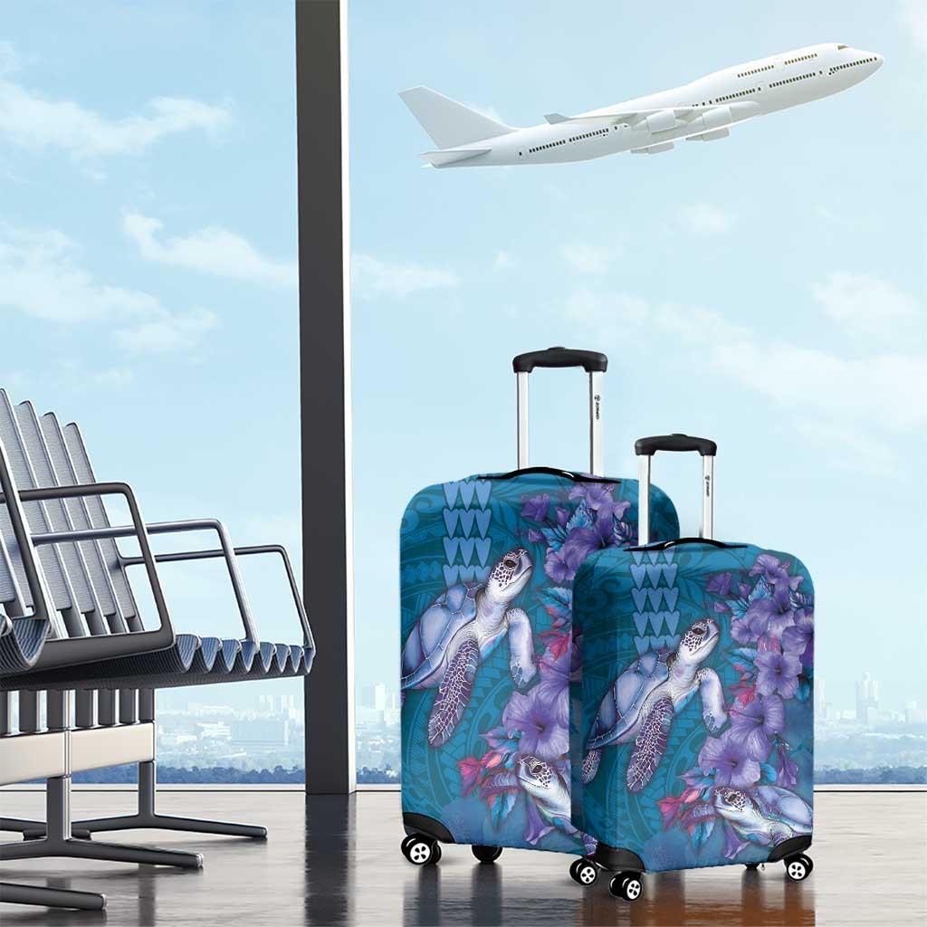 Hawaiian Turtle Love Couple Luggage Cover - Sweet Hibiscus and Kakau Pattern Sapphire Color LT03 - Polynesian Pride