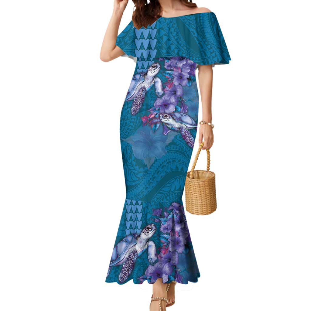 Hawaiian Turtle Love Couple Mermaid Dress - Sweet Hibiscus and Kakau Pattern Sapphire Color LT03 Women Blue - Polynesian Pride