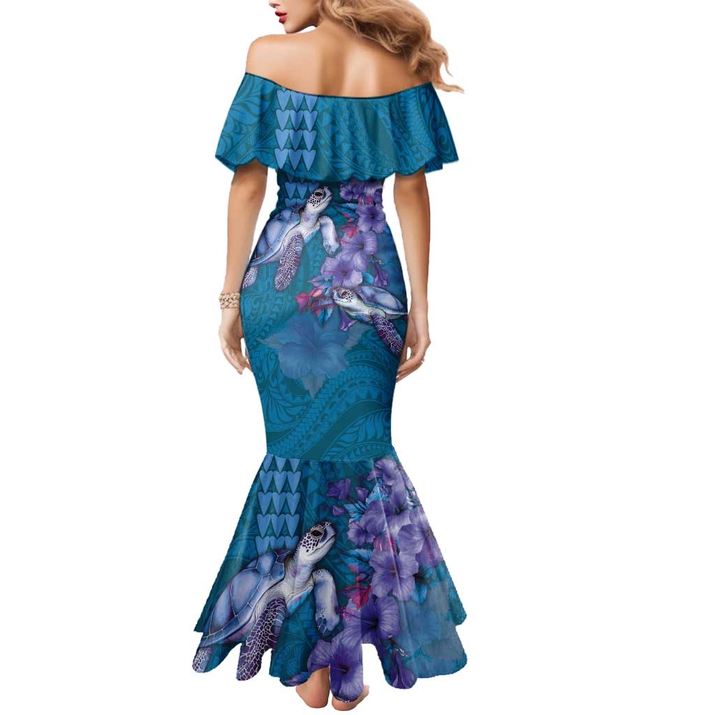 Hawaiian Turtle Love Couple Mermaid Dress - Sweet Hibiscus and Kakau Pattern Sapphire Color LT03 - Polynesian Pride