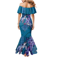 Hawaiian Turtle Love Couple Mermaid Dress - Sweet Hibiscus and Kakau Pattern Sapphire Color LT03 - Polynesian Pride