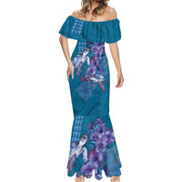 Hawaiian Turtle Love Couple Mermaid Dress - Sweet Hibiscus and Kakau Pattern Sapphire Color LT03 - Polynesian Pride