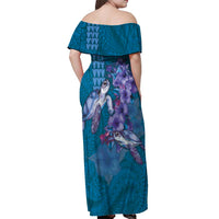 Hawaiian Turtle Love Couple Off Shoulder Maxi Dress - Sweet Hibiscus and Kakau Pattern Sapphire Color LT03 - Polynesian Pride