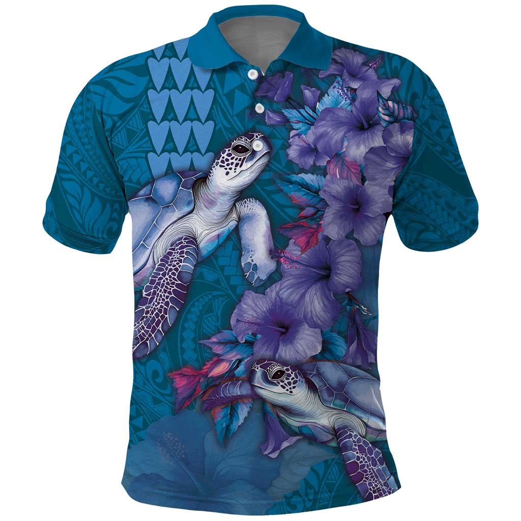 Hawaiian Turtle Love Couple Polo Shirt - Sweet Hibiscus and Kakau Pattern Sapphire Color LT03 Blue - Polynesian Pride