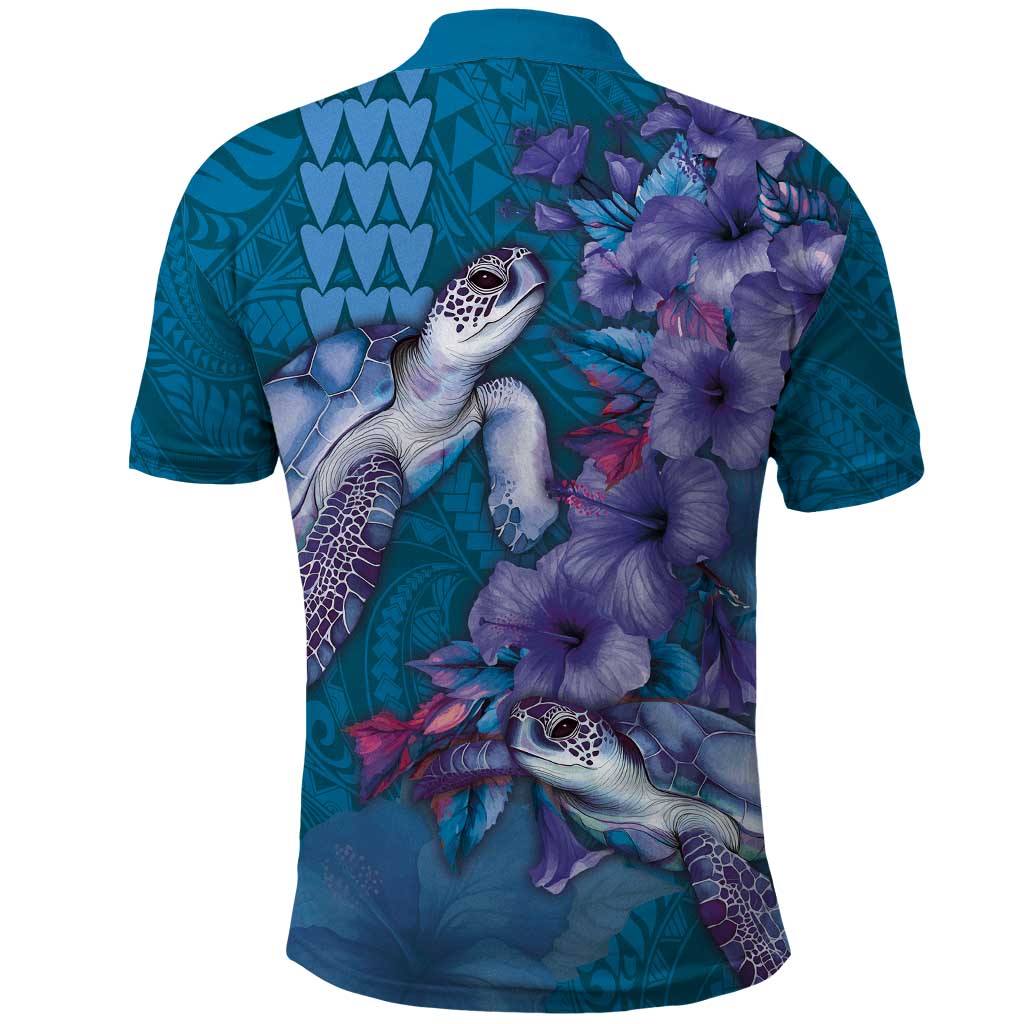 Hawaiian Turtle Love Couple Polo Shirt - Sweet Hibiscus and Kakau Pattern Sapphire Color LT03 - Polynesian Pride