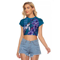 Hawaiian Turtle Love Couple Raglan Cropped T Shirt - Sweet Hibiscus and Kakau Pattern Sapphire Color LT03 Female Blue - Polynesian Pride