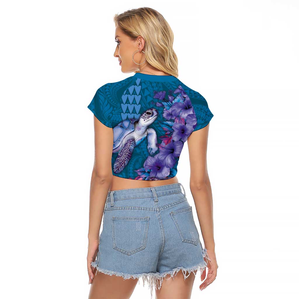 Hawaiian Turtle Love Couple Raglan Cropped T Shirt - Sweet Hibiscus and Kakau Pattern Sapphire Color LT03 - Polynesian Pride