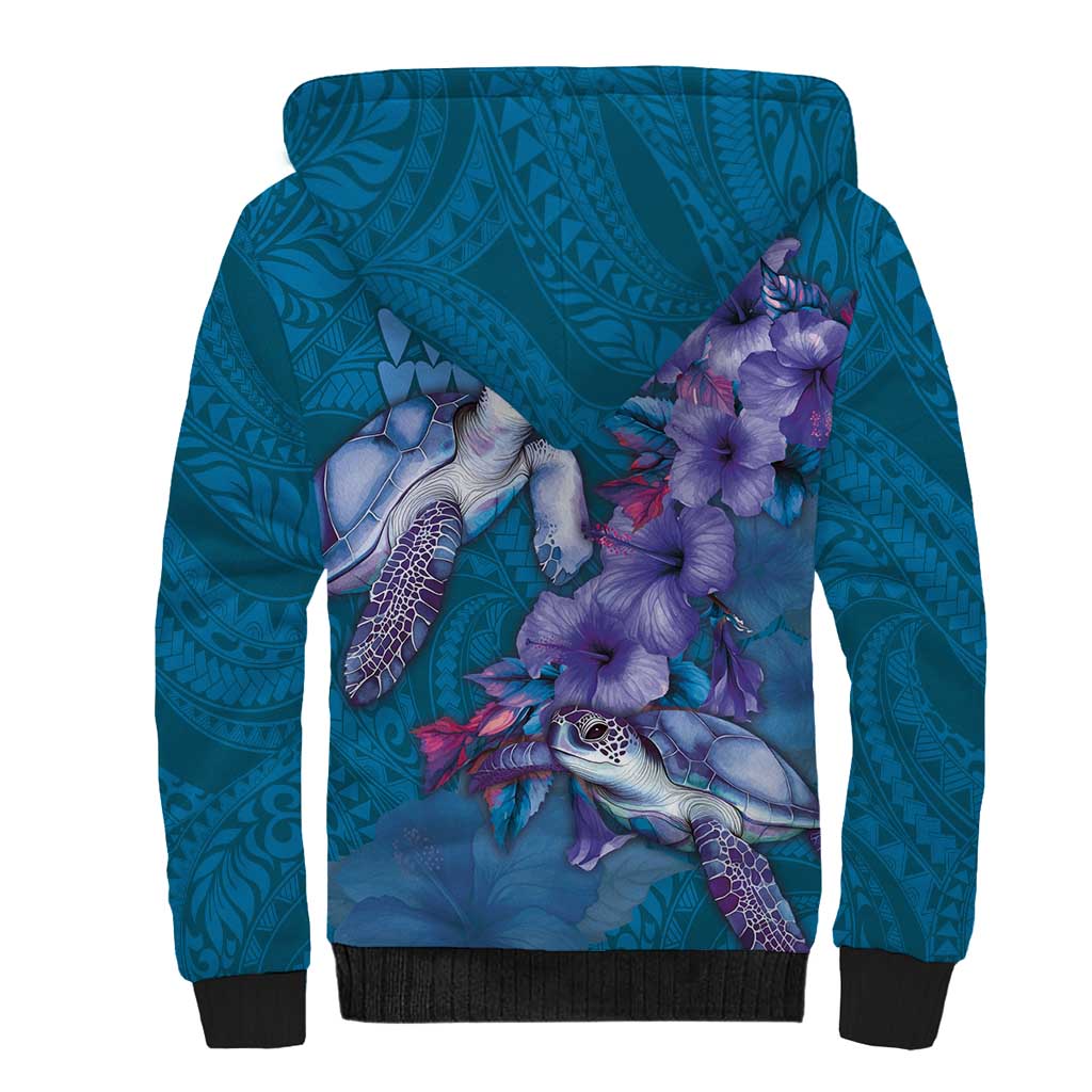 Hawaiian Turtle Love Couple Sherpa Hoodie - Sweet Hibiscus and Kakau Pattern Sapphire Color LT03 - Polynesian Pride