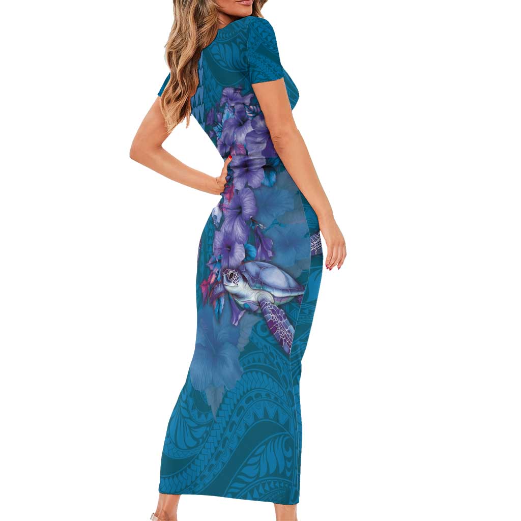 Hawaiian Turtle Love Couple Short Sleeve Bodycon Dress - Sweet Hibiscus and Kakau Pattern Sapphire Color LT03 - Polynesian Pride