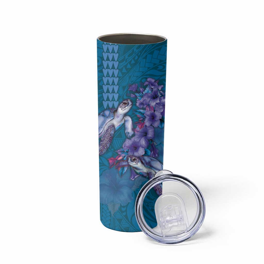 Hawaiian Turtle Love Couple Skinny Tumbler Sweet Hibiscus and Kakau Pattern Sapphire Color LT03 - Polynesian Pride