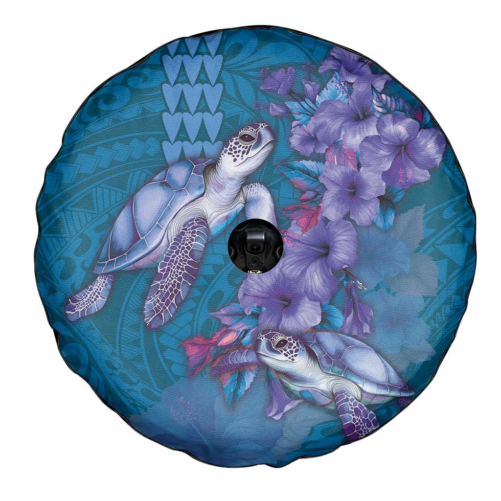 Hawaiian Turtle Love Couple Spare Tire Cover - Sweet Hibiscus and Kakau Pattern Sapphire Color LT03 - Polynesian Pride